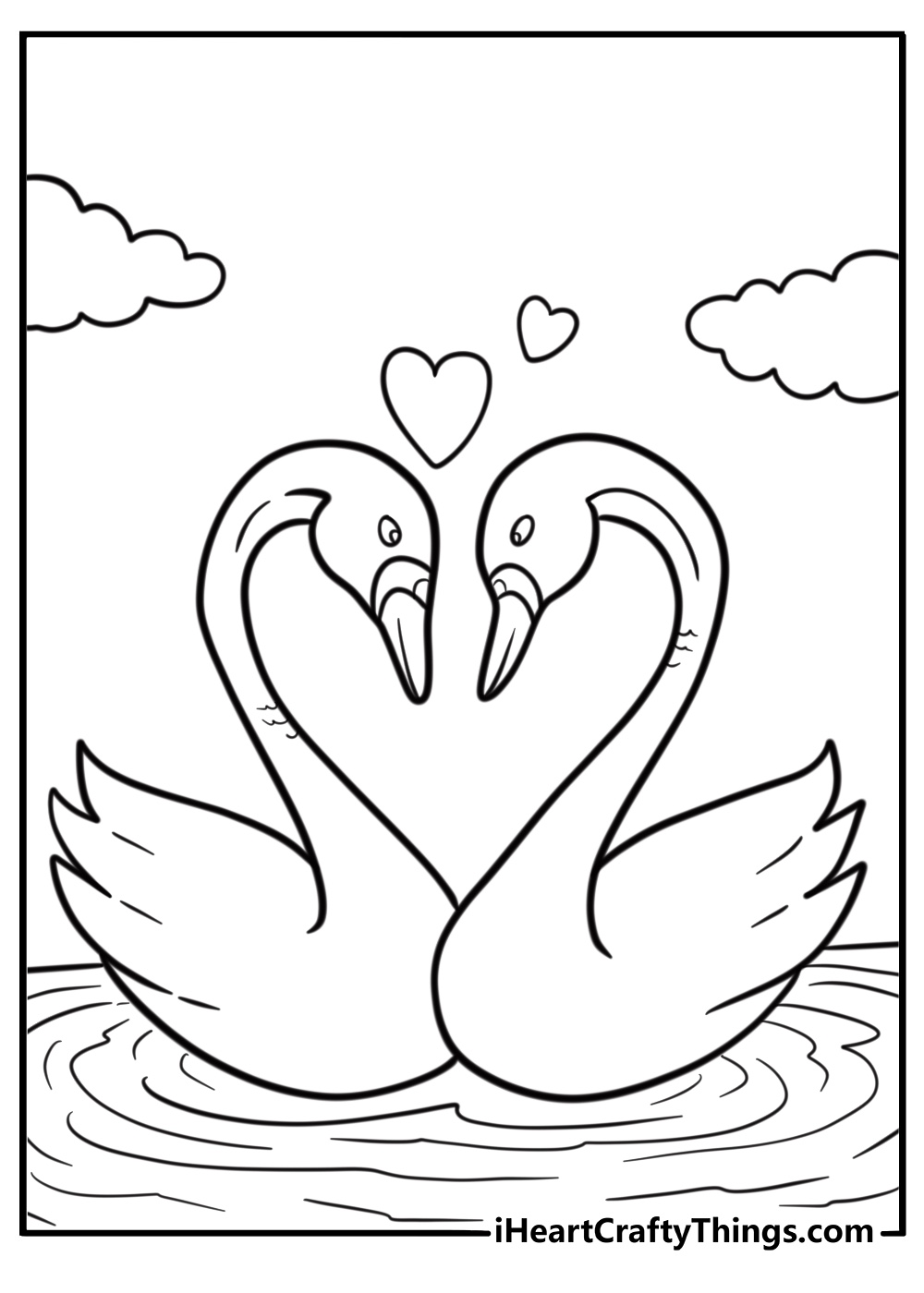 Two swans forming-a heart shape with their necks free coloring page PDF