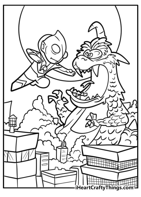 Ultraman fighting in front of a burning skyline coloring page