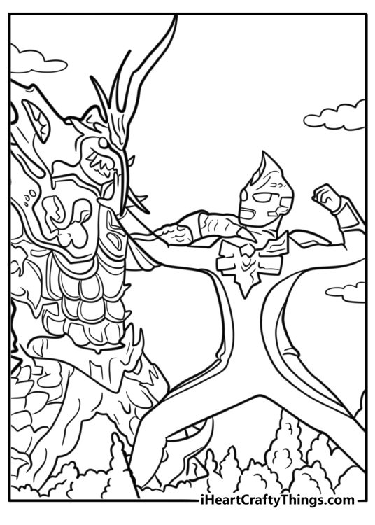 Ultraman in battle pose with a kaiju coloring page
