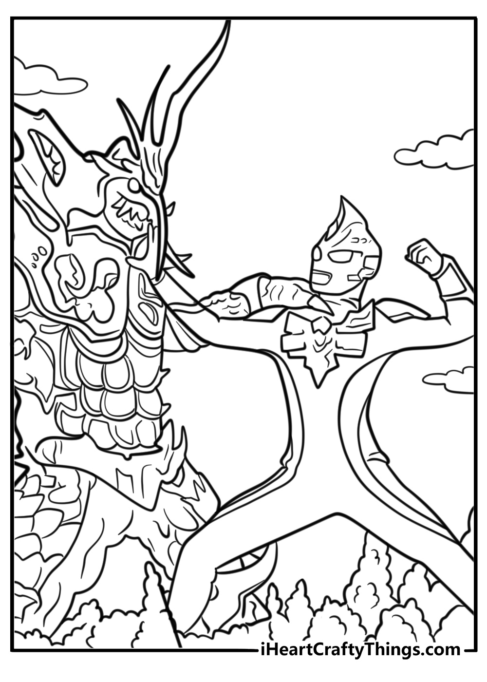 Ultraman in battle pose with a kaiju coloring page