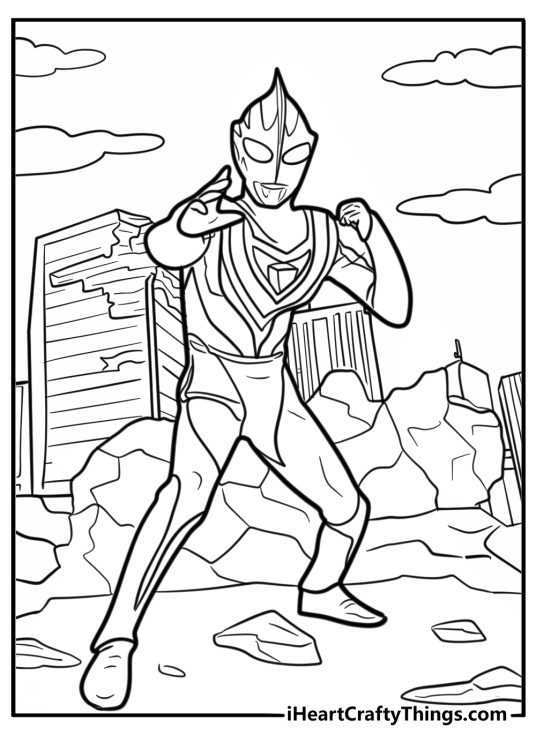 Ultraman standing next to a destroyed city coloring page