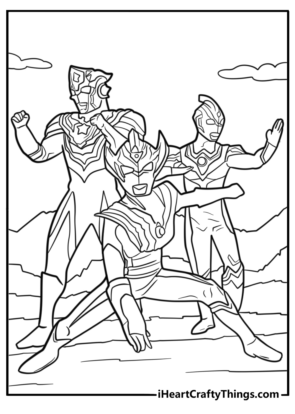 Ultraman Taiga with his team in the background coloring page