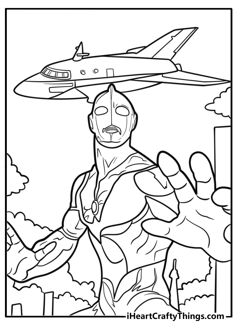 Ultraman with the science patrol ship in the background coloring page
