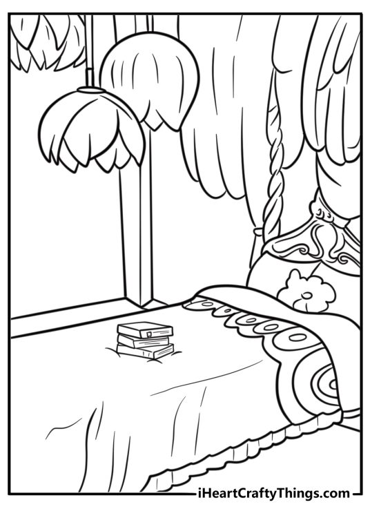 Unicorn Academy dorm room with enchanted books free coloring page