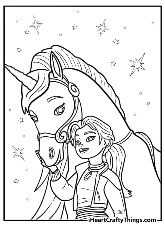 Unicorns communicating through magical connection printable coloring page