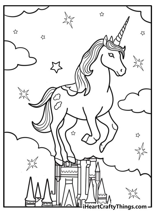 Unicorns practicing flight over the school tower printable coloring page
