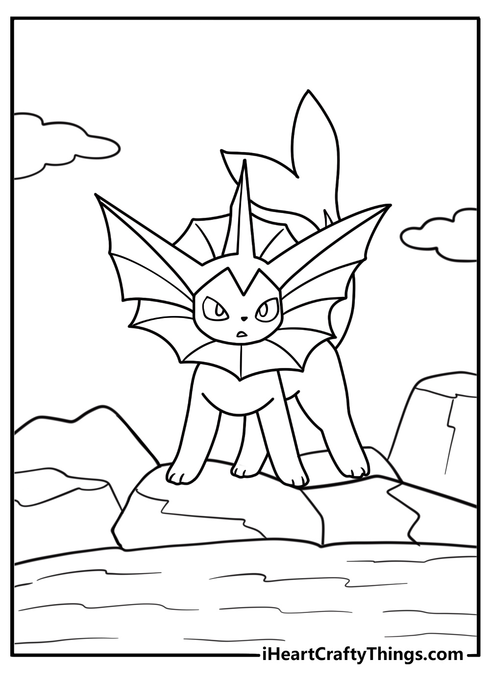 Vaporeon standing on a rock near a lake