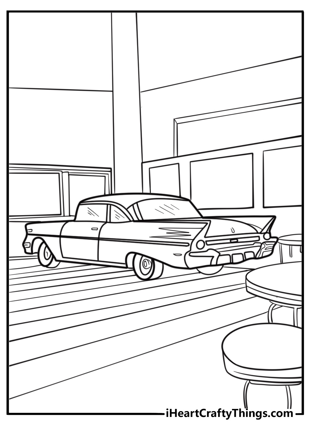 Vintage Ford Fairlane parked at a diner coloring page