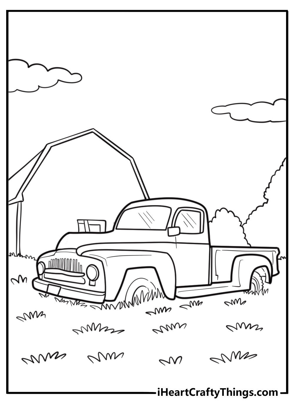Vintage Ford pickup truck in a farm field coloring page