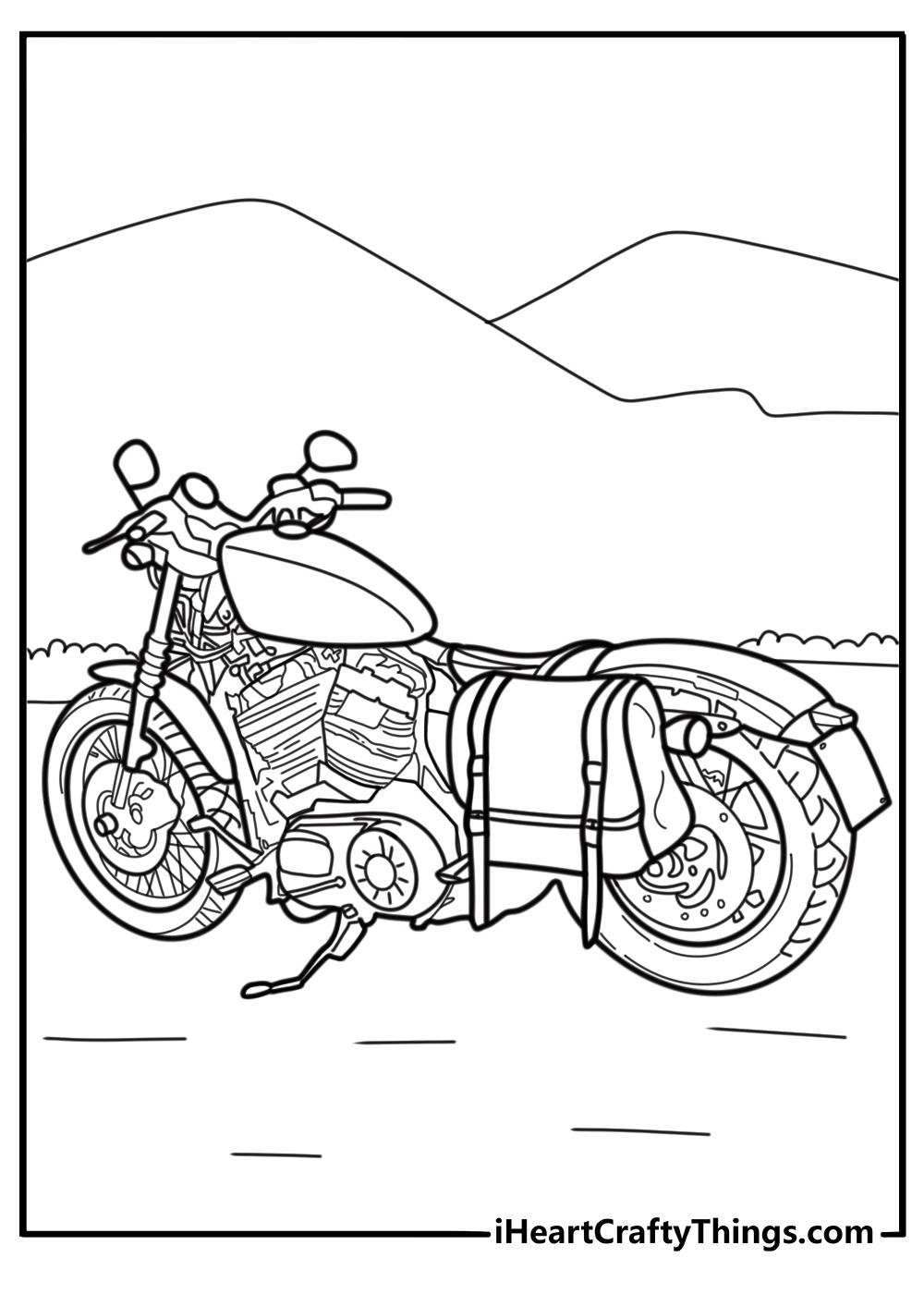 Vintage Harley Davidson cruiser with saddlebags coloring page
