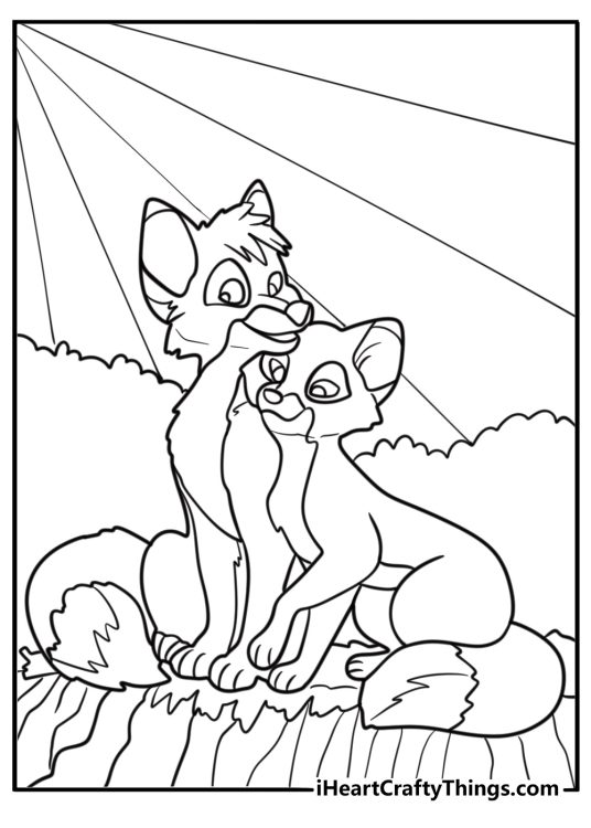 Vixey and Tod relaxing in a sunny meadow coloring page