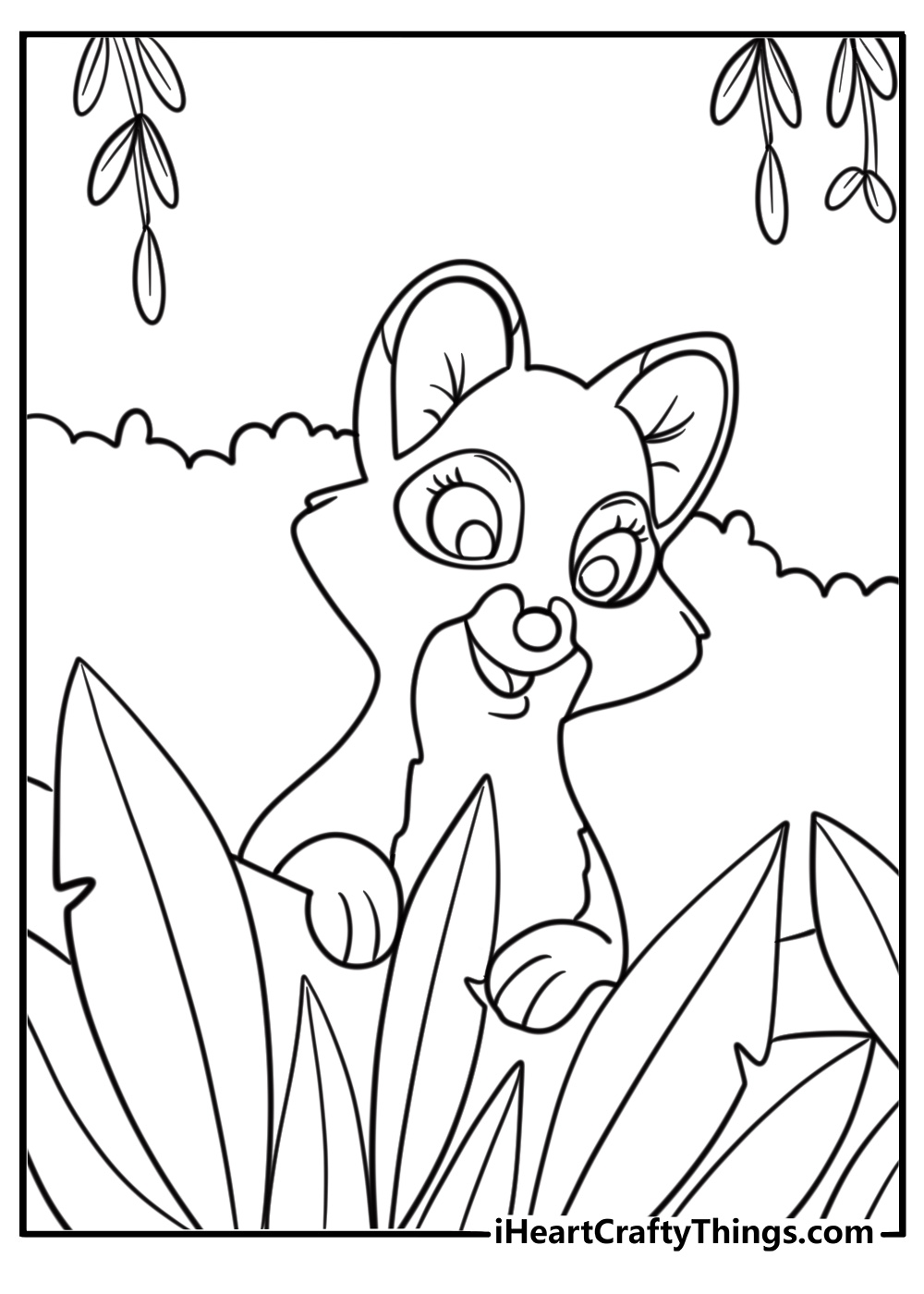 Vixey peeking from behind a bush coloring page