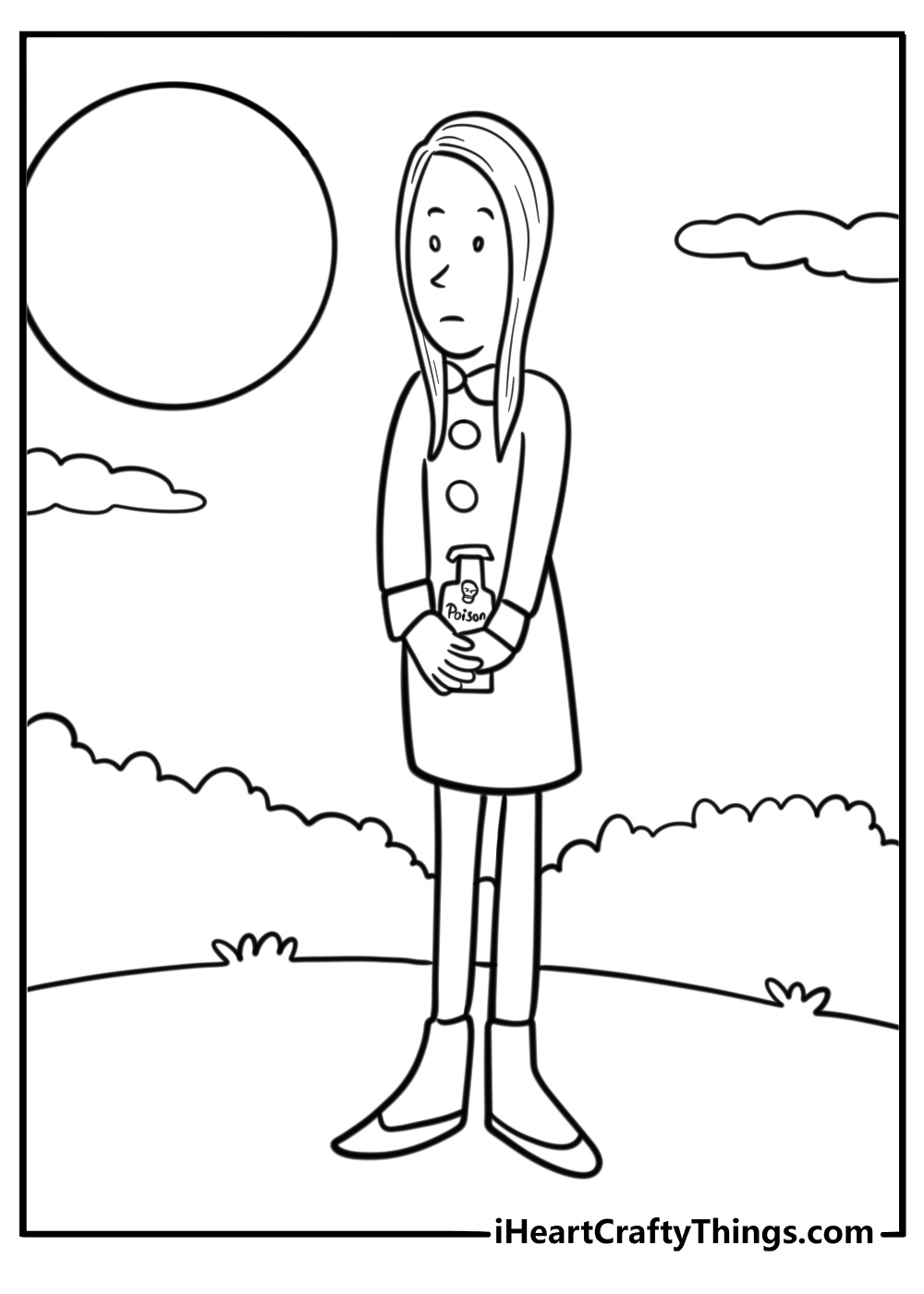 Wednesday Addams holding a bottle labeled poison coloring page