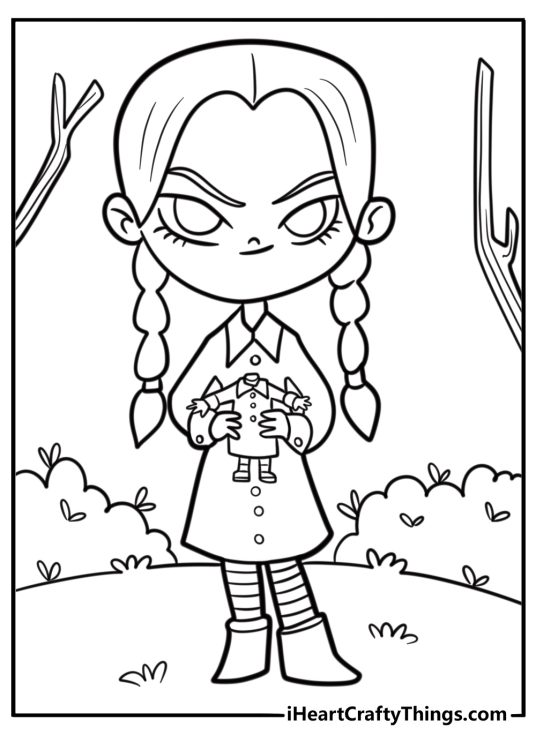 Wednesday Addams holding a headless doll coloring page