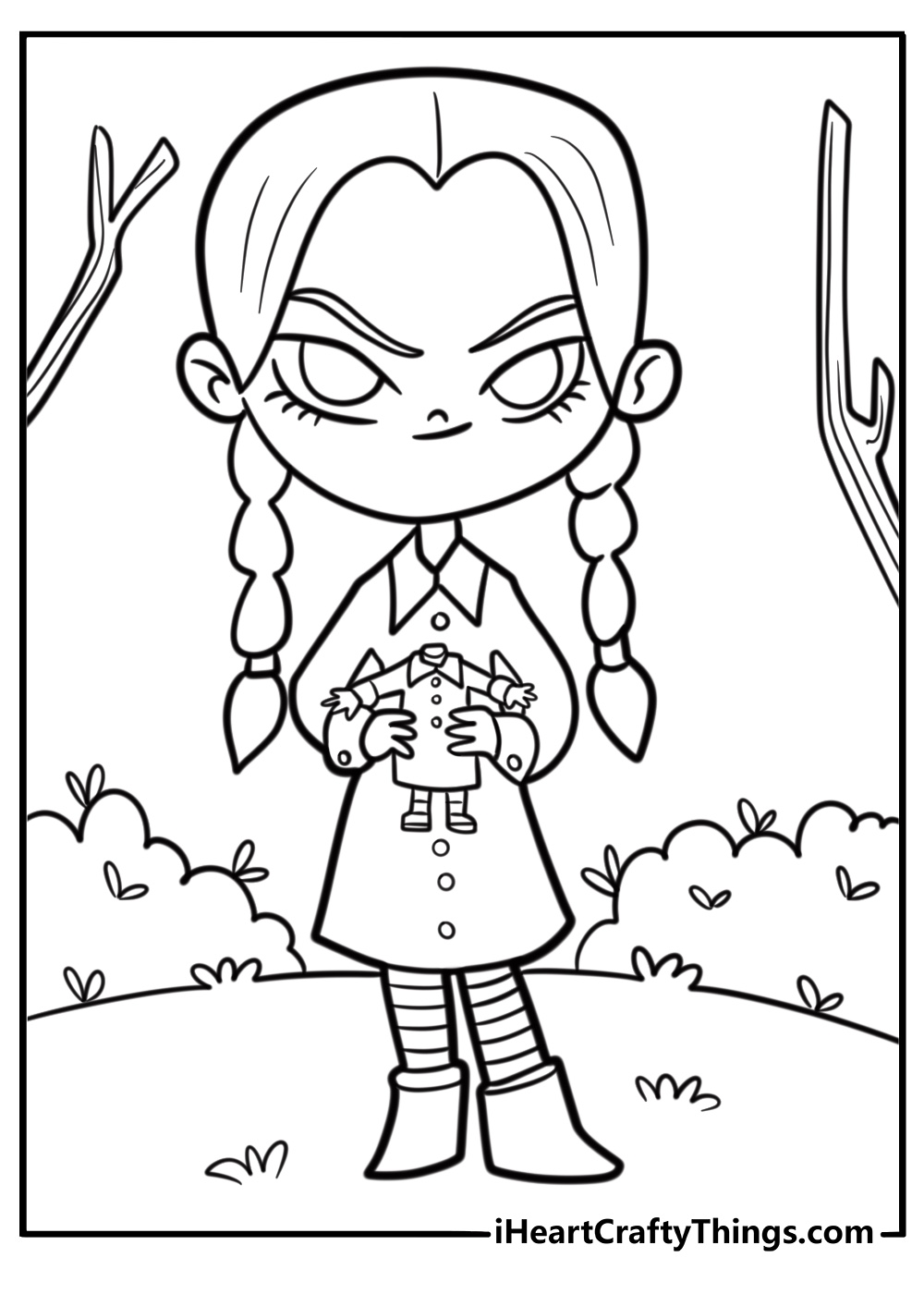 Wednesday Addams holding a headless doll coloring page