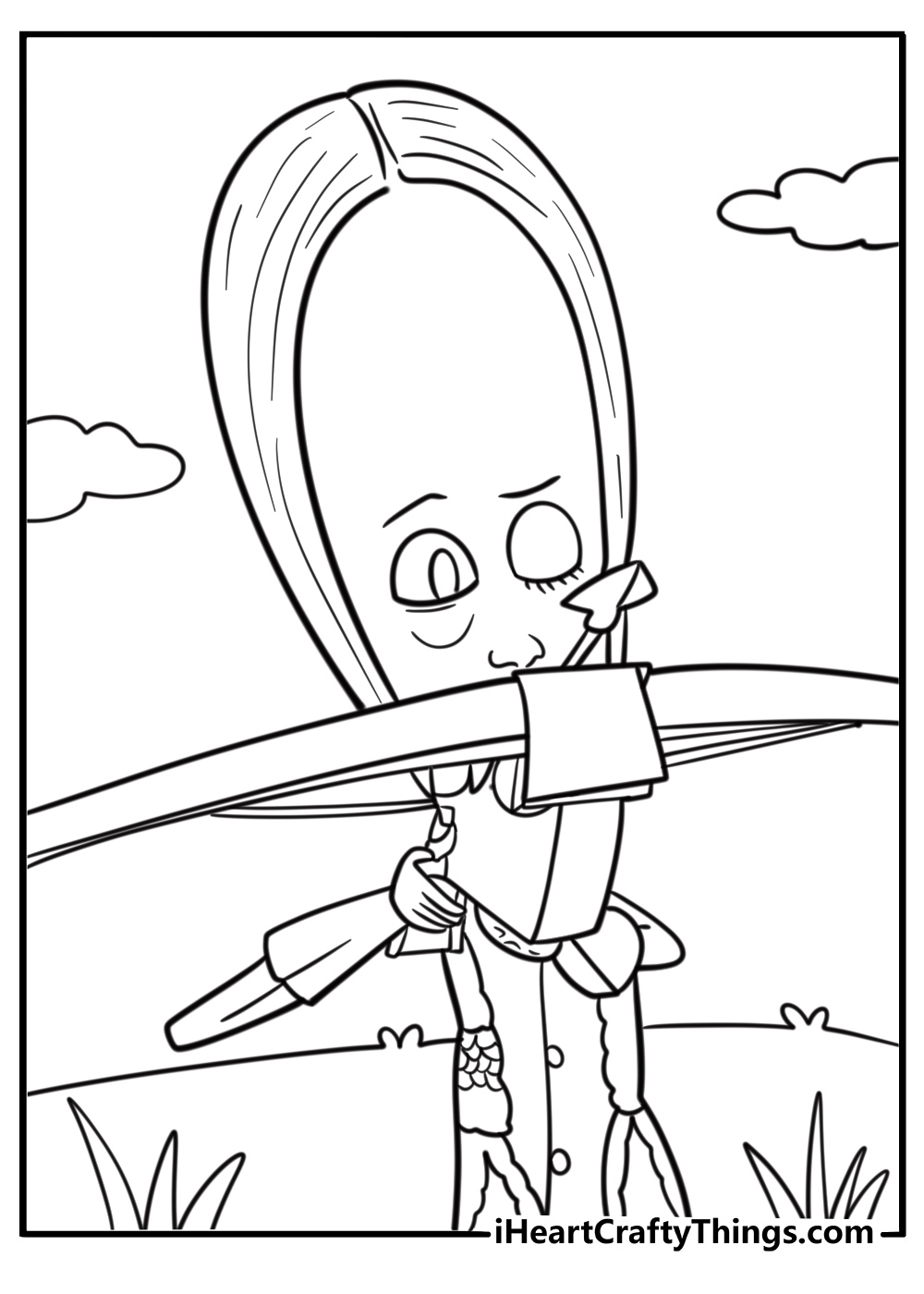 Wednesday Addams with a crossbow coloring page