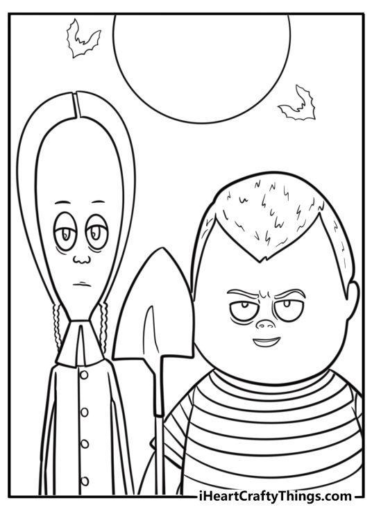 Wednesday and Pugsley digging a grave coloring page