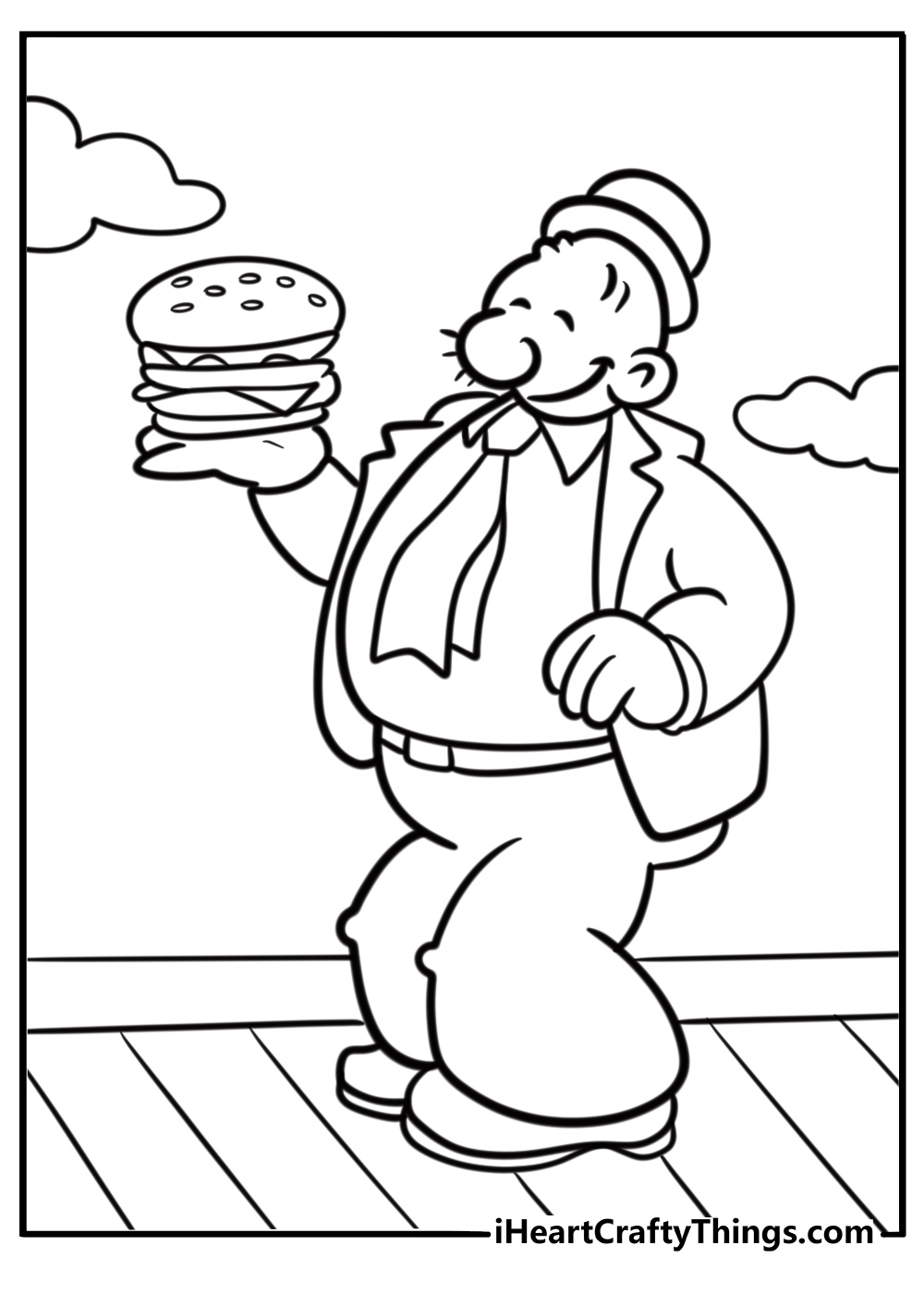 Wimpy holding a hamburger with a happy face coloring page