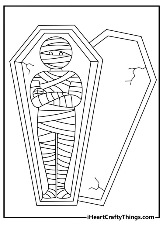 A cracked mummy case lies open in this simple coloring printable