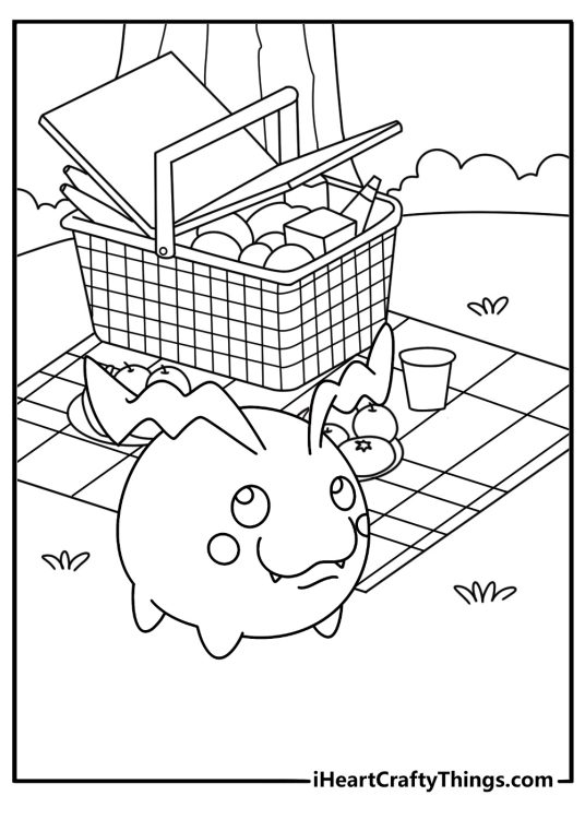 A cute Digimon coloring page features Tokomon beside a picnic basket