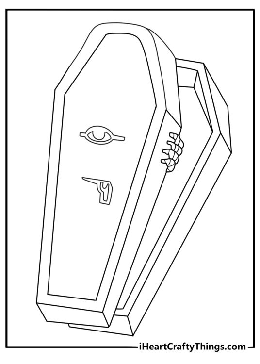 A mummy hand reaching from a cracked coffin in this Halloween coloring page