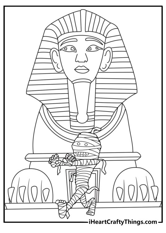 A mummy walks past a sphinx statue in this printable Halloween sheet
