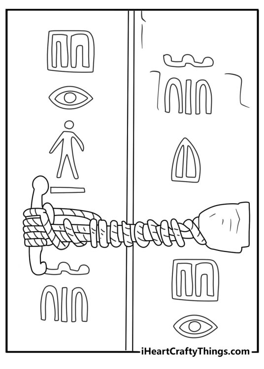 A sealed tomb door with mummy bandage patterns in a detailed coloring sheet