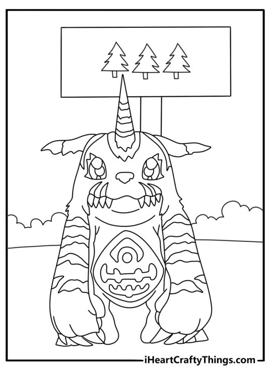 A simple Digimon coloring sheet shows Gabumon beside a forest sign