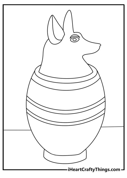 Ancient Egypt coloring page showing canopic jars beside folded linen