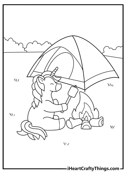 Camping unicorn near a tent and campfire printable coloring page