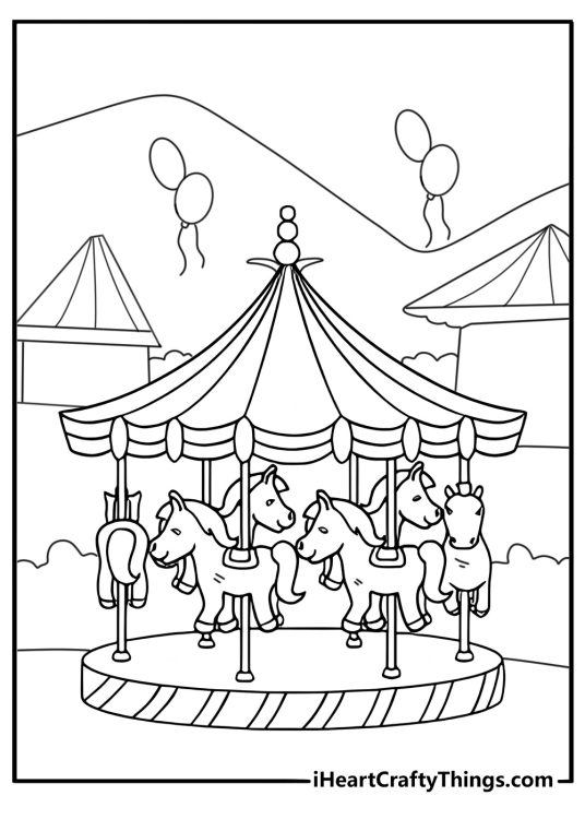 Carnival unicorn with a ferris wheel and banners party coloring page