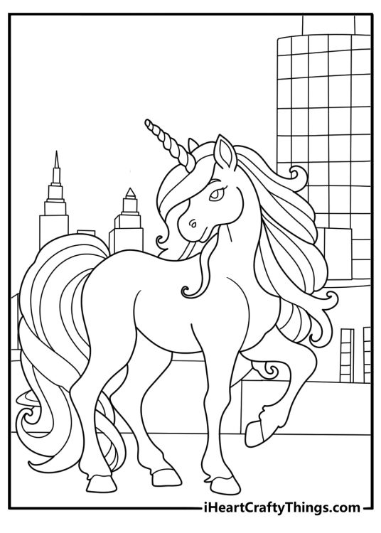 City rooftop unicorn with skyline lights printable coloring page for adults