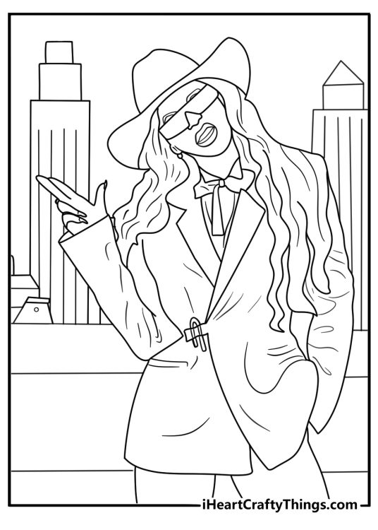City skyline at night with billboard portrait of Beyonce advanced coloring page for adults