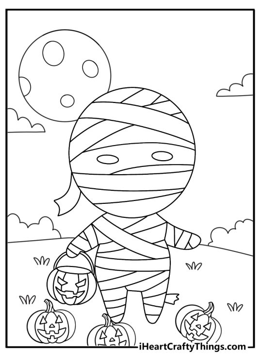 Cute Halloween coloring page featuring a baby mummy near pumpkin buckets
