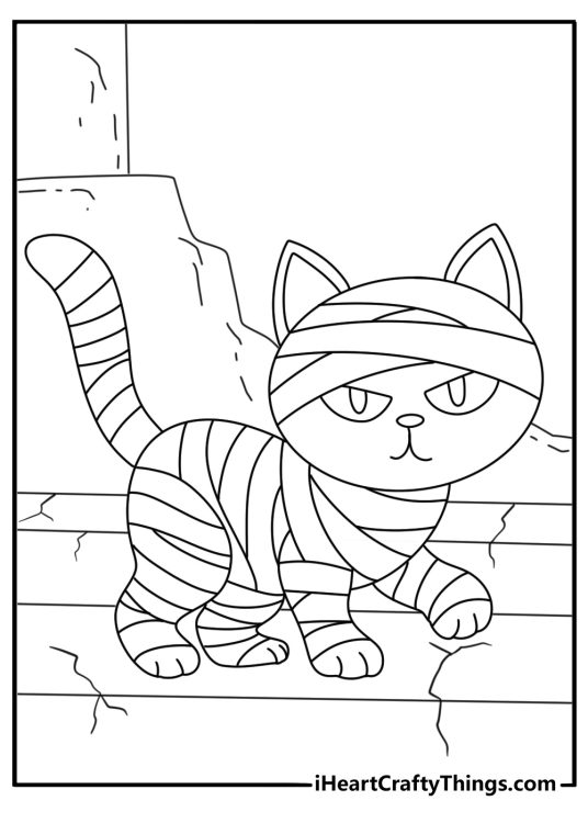 Cute mummy coloring sheet with a wrapped cat near a temple step
