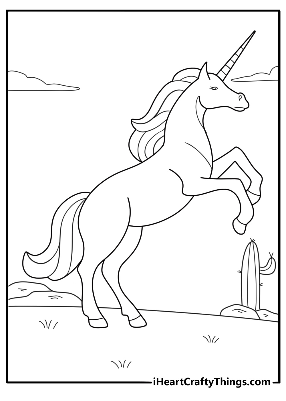 Desert unicorn near cacti and sand dunes detailed coloring page