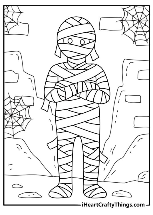 Detailed Halloween mummy printable with spider webs across old bricks