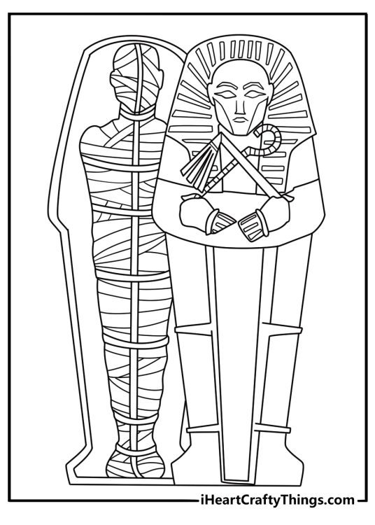 Detailed mummy coloring page for adults with scarab patterns around a coffin