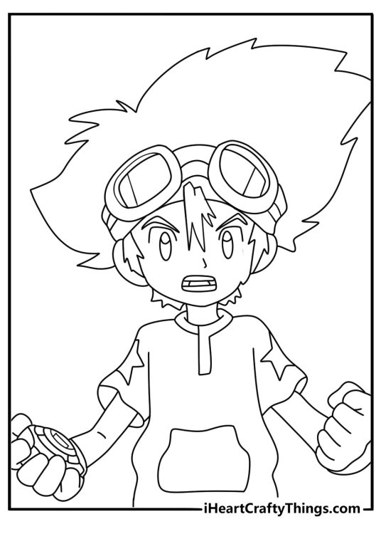 Digimon coloring page showing Tai beside a Digivice and goggles