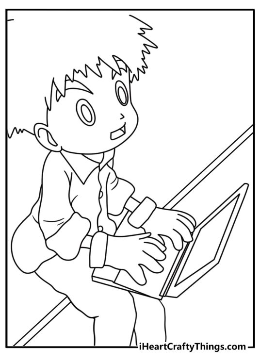 Digimon coloring pages scene featuring Izzy working on a laptop