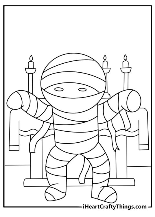 Easy mummy coloring page showing loose bandages beside a candle