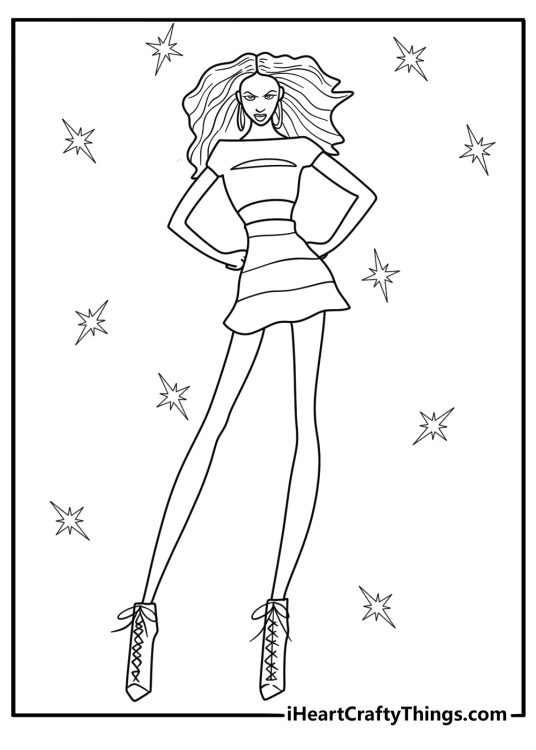 Fashion board with fabric swatches and sketches Beyonce style coloring sheet PDF