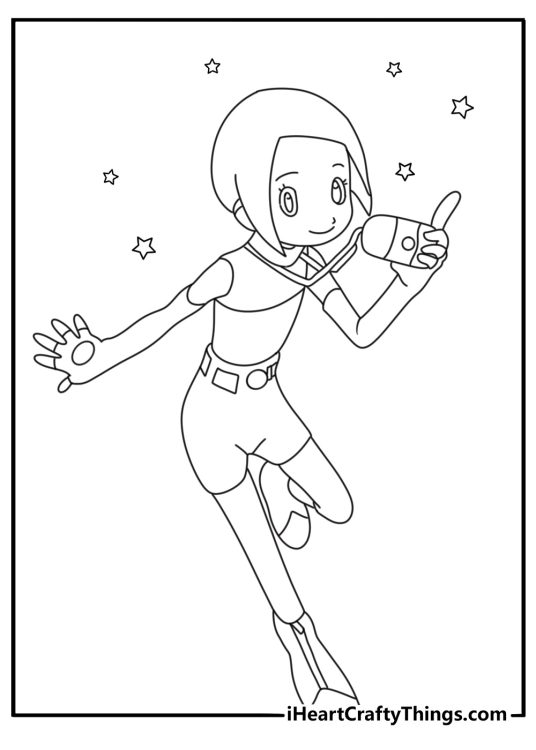 Free Digimon coloring page showing Kari holding a crest tag