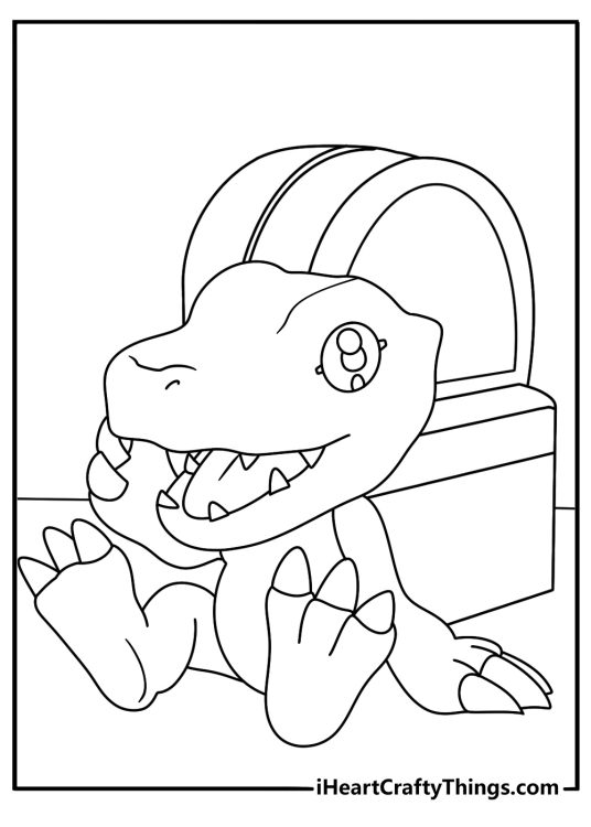 Free Digimon printable featuring Agumon near a camp backpack