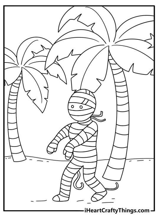 Free Mummy coloring pages coloring page showing a bandaged figure near palm trees
