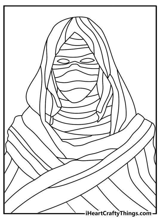 Free mummy coloring page featuring a wrapped face under a hood