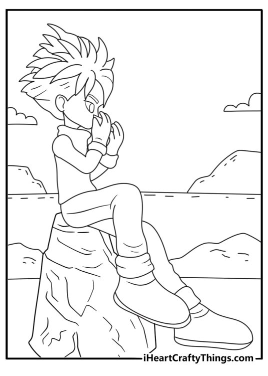 Free printable Digimon sheet showing Matt with a harmonica by a lake
