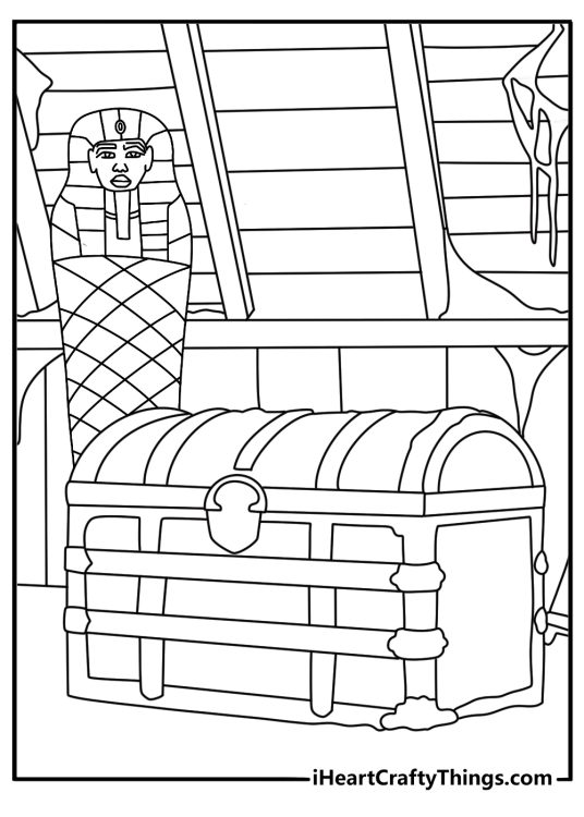 Free printable mummy coloring sheet with a dusty treasure room and cobwebs