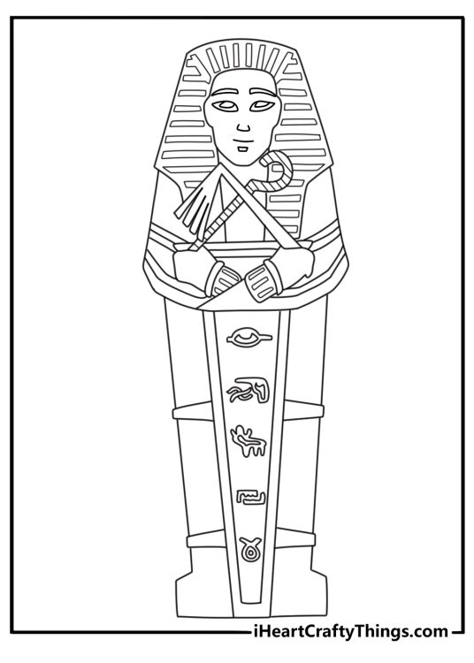 Free printable mummy sheet with a sarcophagus lid covered in simple symbols