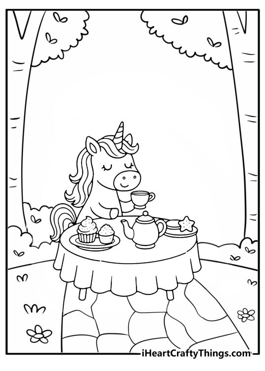 Garden tea party unicorn at a gazebo cute kawaii coloring page